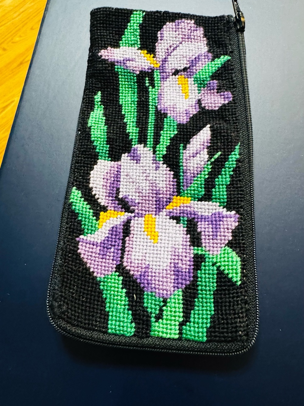 Handcrafted Black Needlepoint eye glass pouch with Purple Iris Design